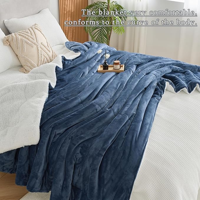 CHOSHOME Sherpa Fleece Blanket- Thick Warm Blanket for Winter, Soft Fuzzy Plush Blanket for Bed, Couch, Travel (Navy Blue, Queen 90" x 90")