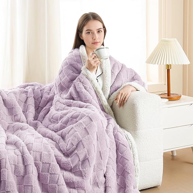 Sherpa Throw Blanket for Couch, Flannel Cozy Soft Thick Blanket for Bed - Fleece, Purple, 60x80 Inches