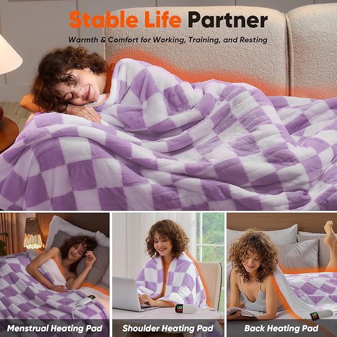 Heated Electric Blanket Throw, 50X60 Heating Blanket with 10 Heat Level & 8 Hours Auto Off for Lap, Light Purple Checkered Plaid Soft Sherpa Blankets for Mom Grandma Women Couch