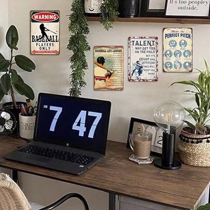 4 Pcs Baseball Metal Tin Signs Baseball Room Decor for Boys Vintage Sports Wall Art for Men Baseballs Player Poster Gifts for Boys 8-12 Baseballs Sign Accessories Decorations for Bedroom 12x8 Inch