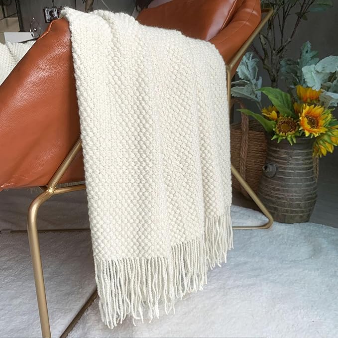 LOMAO Knitted Throw Blanket with Tassels Bubble Textured Lightweight Throws for Couch Cover Home Decor (Cream, 60x80)