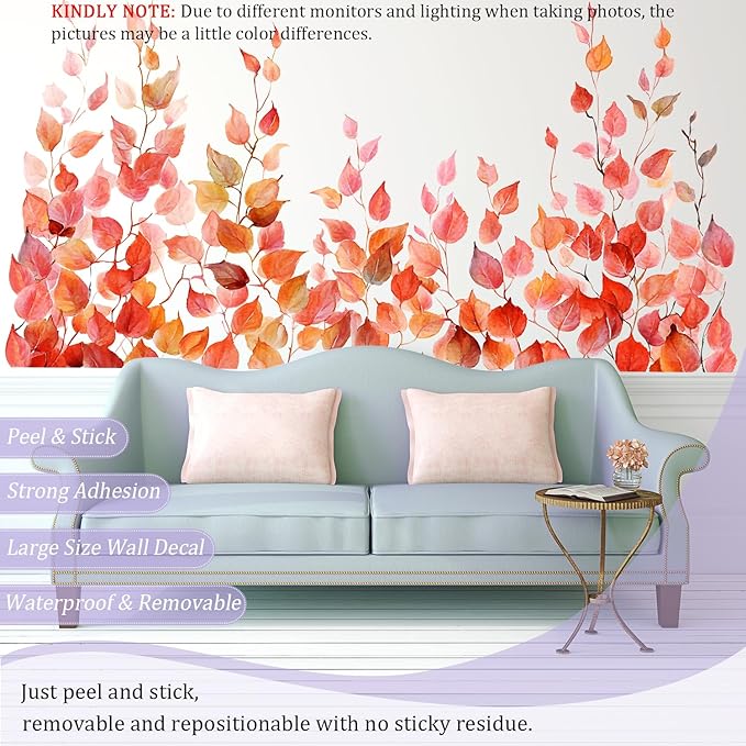 Autumn Leaves Wall Decals Peel and Stick, Large Leaves Vines Vinyl Wall Stickers, Removable Vine Home Decor Art for Bedroom Living Room Classroom Office
