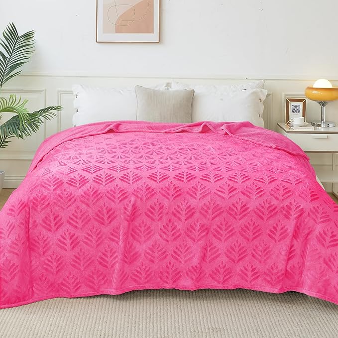 Exclusivo Mezcla Fleece Throw Blanket for Couch, Super Soft and Cozy Blankets All Season Use, Leaves Pattern, Plush Fuzzy Lightweight, Hot Pink, 50x60 Inch