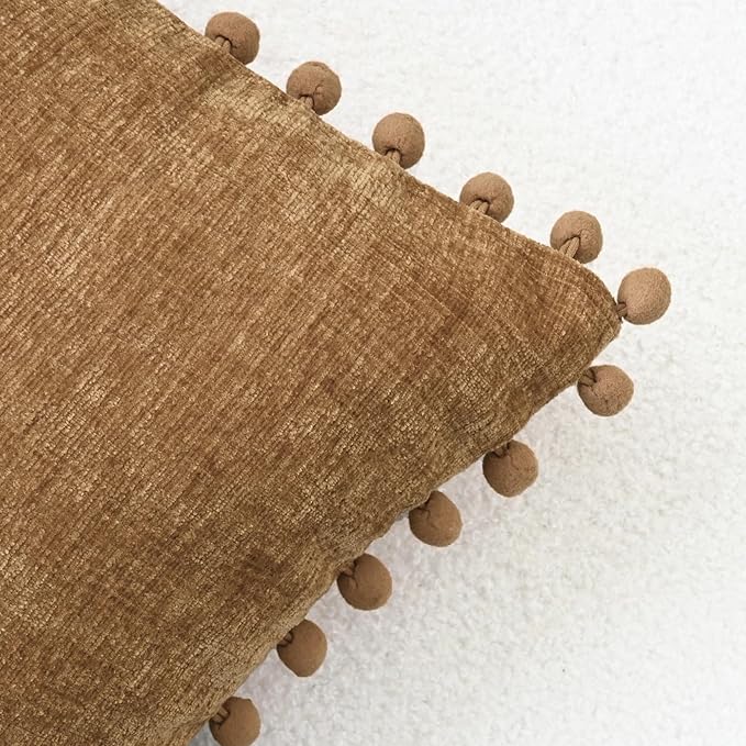 CaliTime Throw Pillow Covers Decorative 16 X 16 Inches Pack of 2 Cozy Solid Dyed Soft Chenille Cushion Cases with Pom Poms for Couch Sofa Bed Living Room Home Apricot Brown