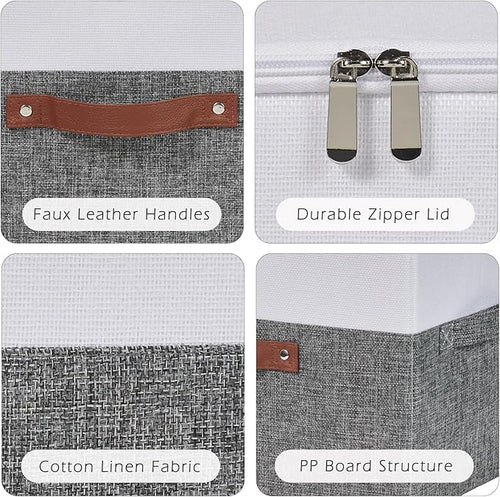 2 Pack Storage Boxes with Zipper Lid Cotton Linen Fabric Lidded Storage Bins Baskets Foldable Washable Closet Shelf Clothes Organizer Container Faux Leather Handles (Gray White, Large)