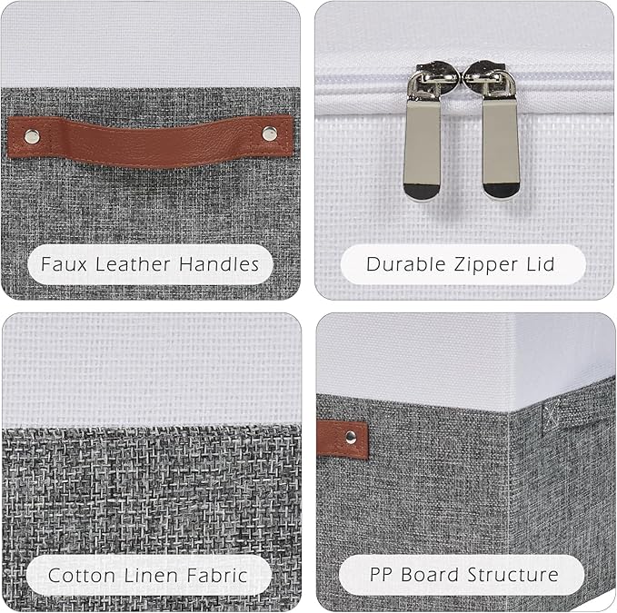 2 Pack Storage Boxes with Zipper Lid Cotton Linen Fabric Lidded Storage Bins Baskets Foldable Washable Closet Shelf Clothes Organizer Container Faux Leather Handles (Gray White, Small)