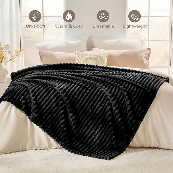 Black Fleece Queen Size Blanket for Bed, 320GSM Super Soft Cozy Blanket for Home Decor, Perfect Cozy Gifts for Women Men Gifts, Lightweight All Season Bed Blanket, 90x90 Inches