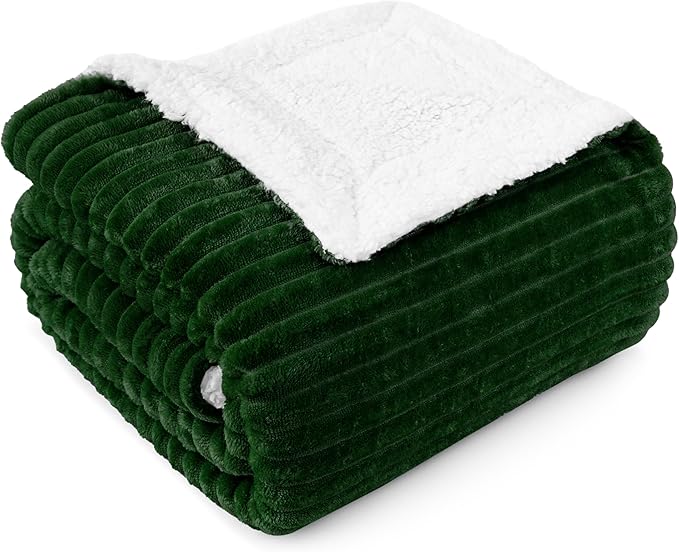 PAVILIA Emerald Green Sherpa Fleece Throw Blanket for Couch, Soft Plush Fuzzy Blankets, Fluffy Flannel Sherpa Blanket for Sofa, Warm 3D Ribbed Winter Blanket Gift, 50x60 inches