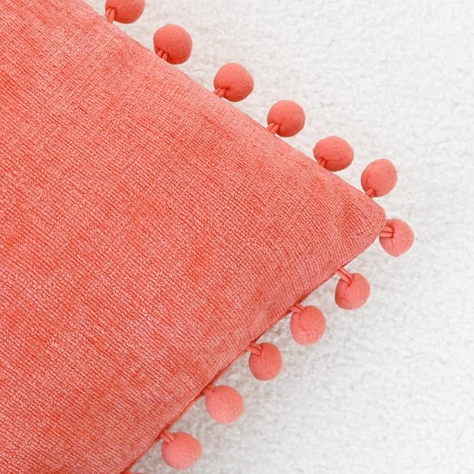 CaliTime Throw Pillow Covers Decorative 20 X 20 Inches Pack of 2 Cozy Solid Dyed Soft Chenille Cushion Cases with Pom Poms for Couch Sofa Bed Living Room Home Living Coral