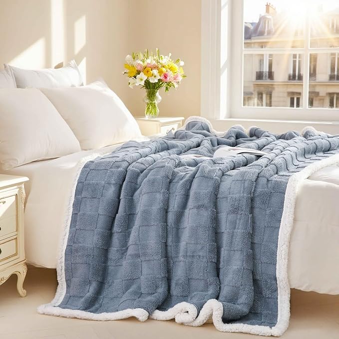 Sherpa Throw Blanket for Couch, Flannel Cozy Soft Thick Blanket for Bed - Fleece, Dirty Blue, 60x80 Inches