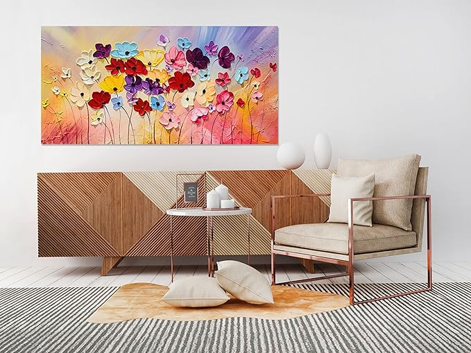 SYGALLERIER Colorful Floral Canvas Wall Art Hand Painted 3D Flower Artwork Frameds Modern Abstract Landscape Painting Textured Flower Pictures for Living Room Bedroom Bathroom Decor