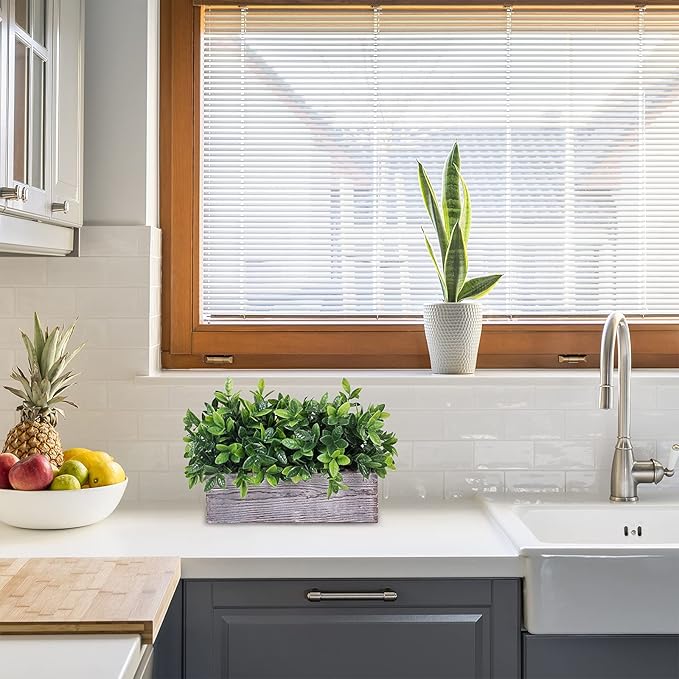 Winlyn Artificial Eucalyptus Plant in Rustic Rectangular Wooden Planter Box Faux Potted Herb Plant Greenery Arrangement for Farmhouse Indoor Wedding Table Centerpiece Mantel Shelf Kitchen Decor