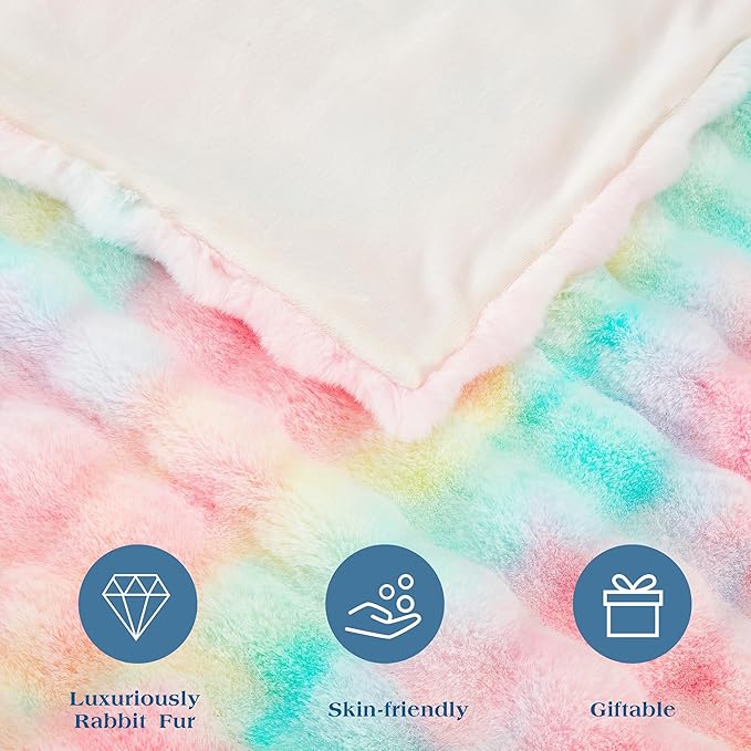 DREAMNINE Large Colorful Soft Fluffy Bubble Faux Rabbit Fur Blanket Full Size 70" x 80", Luxury Double Sided Big Thick Fuzzy Bed Blankets, Cute Warm Cozy Plush Comfy Furry Blanket for Winter, Rainbow