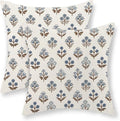Brown Blue Pillow Covers 16x16 Inch Set of 2 Boho Block Print Floral Throw Pillows Vintage Flower Decorative Pillow Cases Outdoor Linen Farmhouse Cushion Cover for Couch Sofa Bed Decor