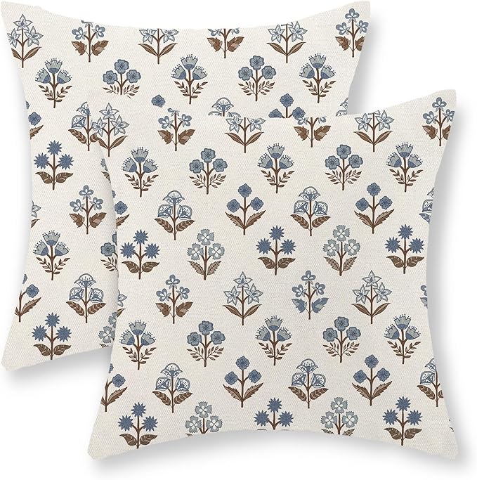 Brown Blue Pillow Covers 16x16 Inch Set of 2 Boho Block Print Floral Throw Pillows Vintage Flower Decorative Pillow Cases Outdoor Linen Farmhouse Cushion Cover for Couch Sofa Bed Decor