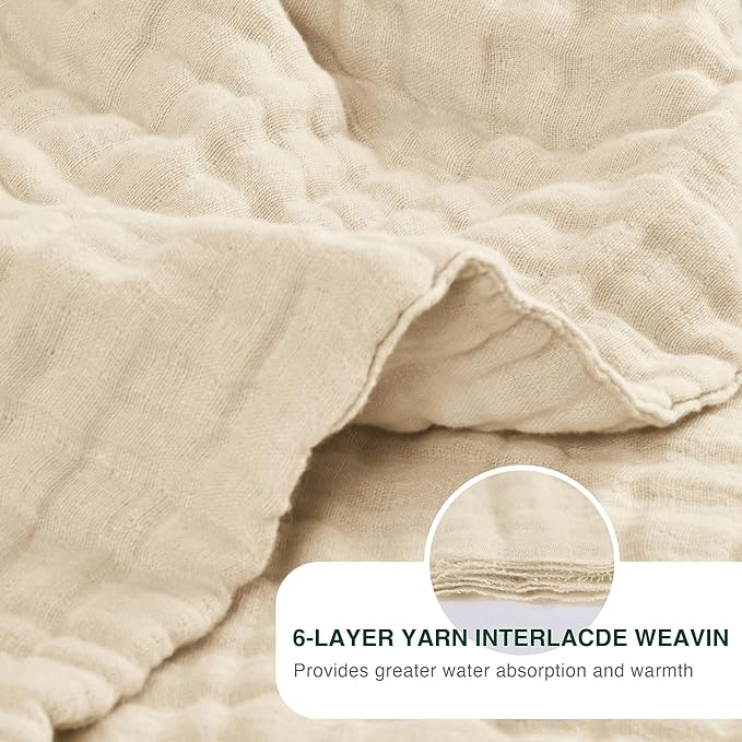Love's cabin 100% Cotton Muslin Blanket, 6 Layer Lightweight Breathable Gauze Large Throw Blanket 50 x 70 Inches, Soft Cooling All Season Blanket for Couch or Sofa, Beige
