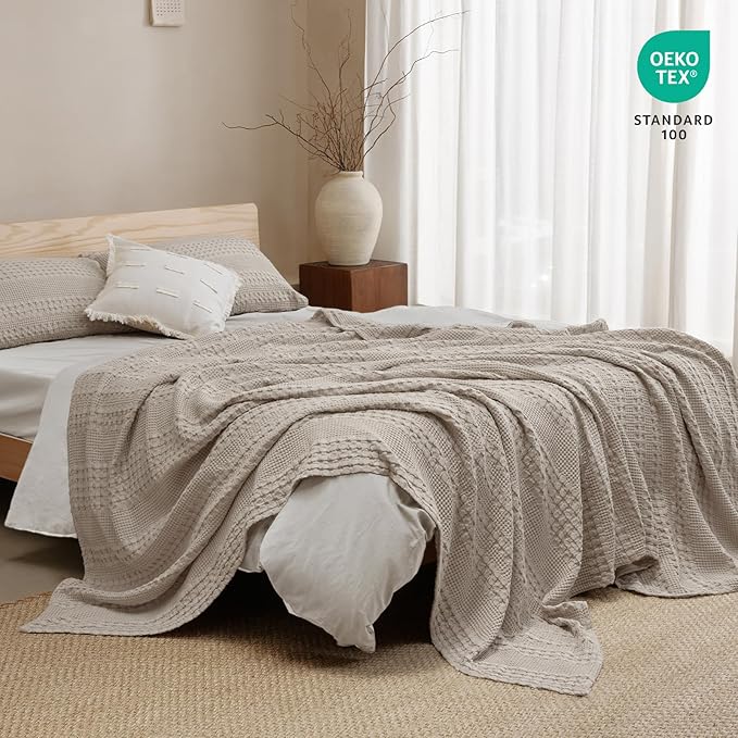 PHF 100% Cotton Waffle Weave Blanket Twin Size for Bed, Soft Lightweight & Breathable for Spring and Summer, All-Season Comfort, Luxury Aesthetic Blanket for Home Decor, 66"x90", Pearl Gray