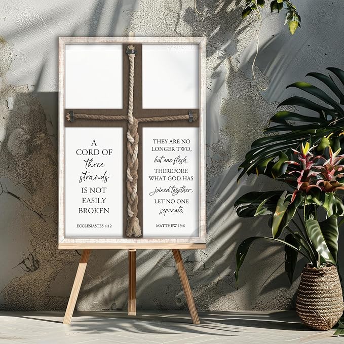 YWJKWLGS A Cord of Three Strands Wedding Ceremony Sign 22x16 Inch Anniversary Unity Knot Cross Christian Marriage Prayer Art Ideas Braid Rope Wall Decor for Couple Religious Wood Framed (White)