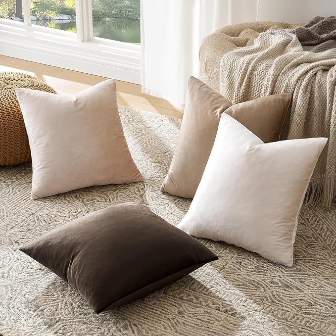 GIGIZAZA Pack of 4 Velvet Pillow Covers - 18x18 Decorative Throw Pillows Soft Couch Cushion Luxury Covers for Bed Living Room Accent Decor Elegant Pillow Cases,Gradient Color Brown