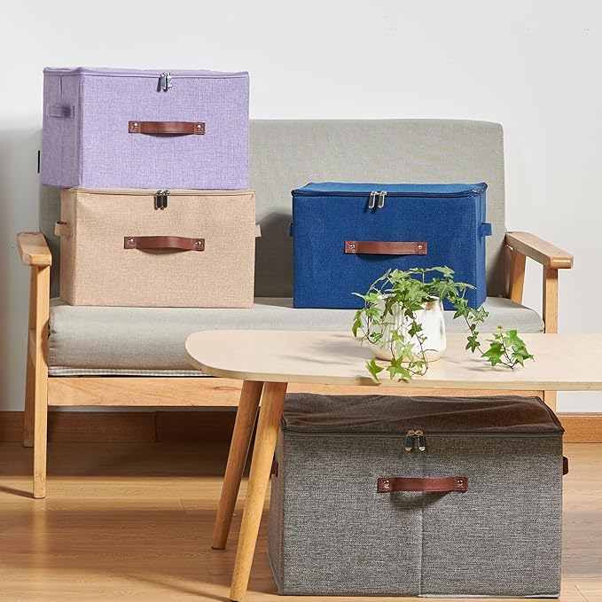 Storage Bins with Zipper Lid Cotton Linen Fabric Lidded Storage Baskets Boxes Foldable Washable Closet Shelf Clothes Organizer Container with PU Leather Handles (Deep Blue, Small)