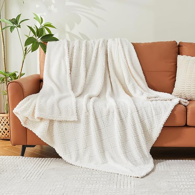EMME Fleece Blanket, 3D Jacquard Throw Blanket for Couch and Bed, Soft Cozy and Fluffy Blankets Lightweight Luxury Flannel with Waffle Design (Ivory, 50" x 60")