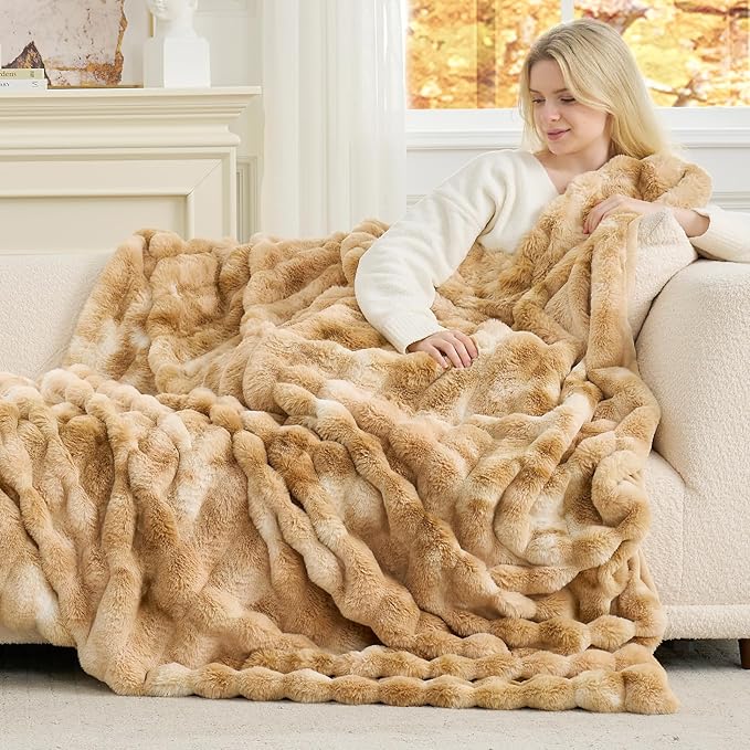 Cozy Bliss Deluxe Striped Rabbit Faux Fur Throw Blanket, Soft Fluffy Warm Plush Blanket for Winter, Modern Homr Decor, Tie-dye Khaki 60"x80"