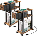 2 Pack Narrow Side Table- Nightstand with Charging Station (2 USB + 1 AC Outlet) & Drawer, Mute Wheels for Minimalist/Bedroom/Living Room/Office(Rustic Brown + Black)