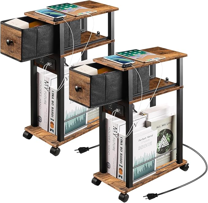 2 Pack Narrow Side Table- Nightstand with Charging Station (2 USB + 1 AC Outlet) & Drawer, Mute Wheels for Minimalist/Bedroom/Living Room/Office(Rustic Brown + Black)
