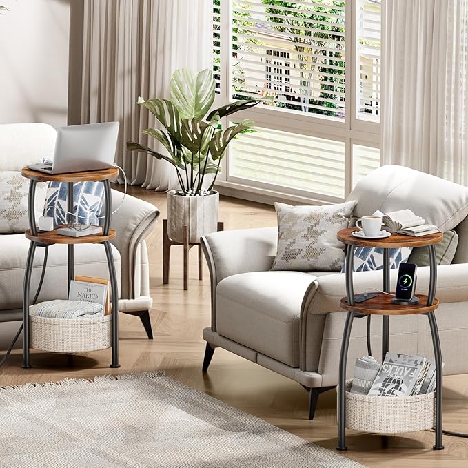 Side Table with Charging Station, Small Round End Table with Basket, USB Port and Outlet, 3 Tiers Sofa Couch Table Bedside Table for Living Room Bedroom, Small Spaces, 11.81in Rustic Brown