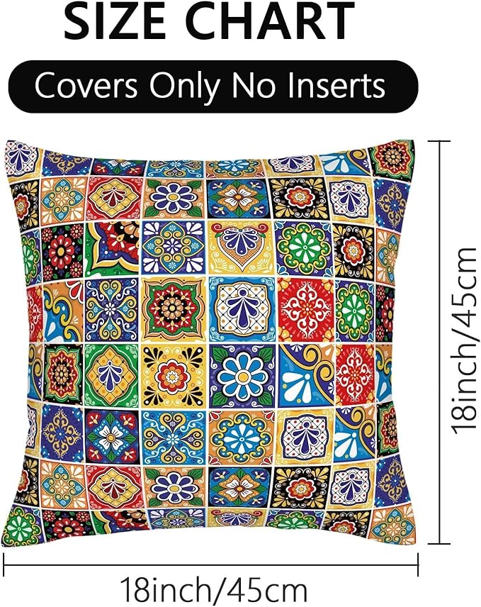 Mexican Talavera Tile Throw Pillow Covers 18x18 Set of 2, Colorful Boho Floral Pillowcases, Soft Square Cushion Covers for Couch Sofa Living Room Bedroom Farmhouse, Spring Easter Mexican Home Decor