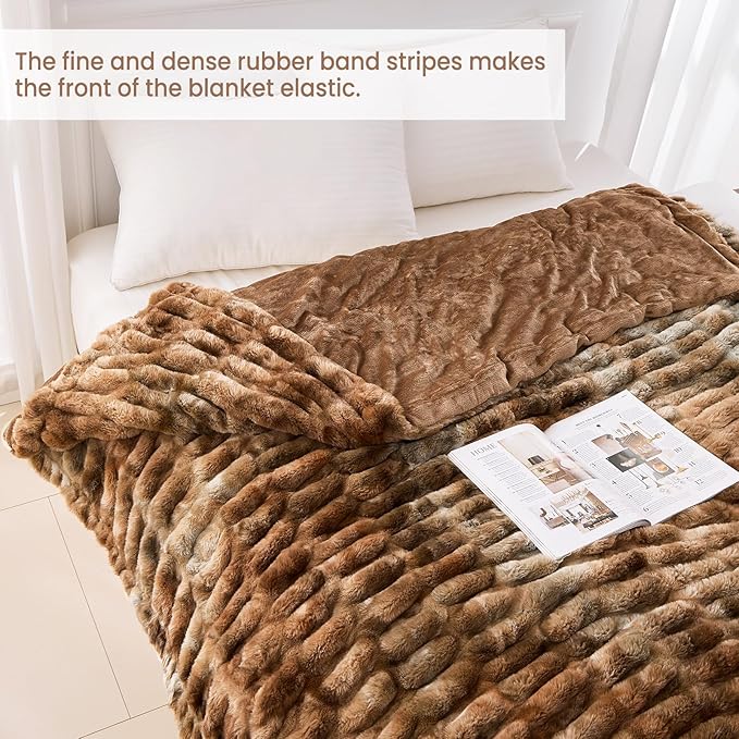 Softan Extra Soft Faux Fur Blanket, Warm Striped Faux Fur Throw Blanket with Flannel Fleece Reverse for Couch Sofa Bed Living Room, Brown- 50"x 60"