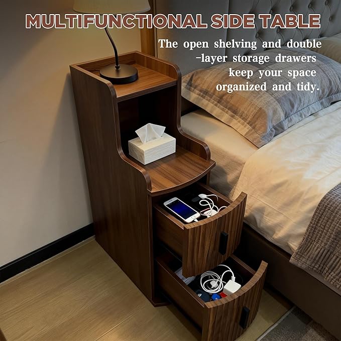 Skinny End Table with 2 Storage Drawers for Living Room Office Slim Side Table Mini Small Nightstand Narrow Beside Table for Sofa Bedroom (1, Walnut)