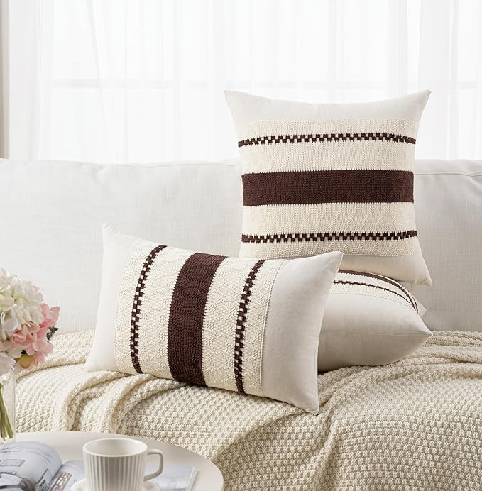 Fancy Homi Set of 2 Boho Brown Decorative Throw Pillow Cover 20x20 Inch for Couch Bed Sofa, Aesthetic Modern Organic Farmhouse Home Decor, Soft Cotton Cute Accent Macrame Woven Cushion Case