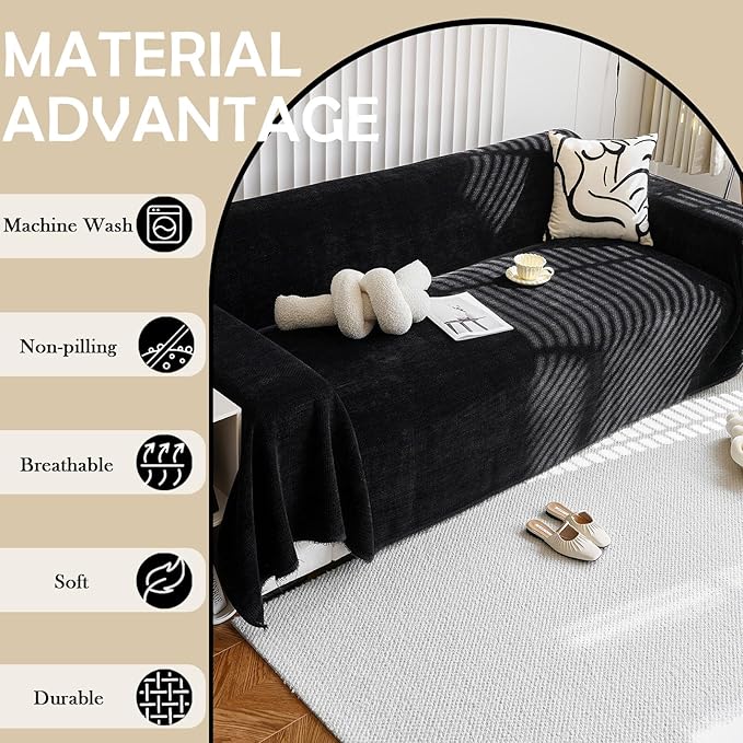 HANDONTIME Couch Cover for Sofa Corduroy Couch Cover for Kids Jacquard Love seat Sofa Covers Sectional Couch Covers 3 Seater Sofa Cover Cozy Sofa Slipcovers Chenille Couch Protector 71" X150", Black