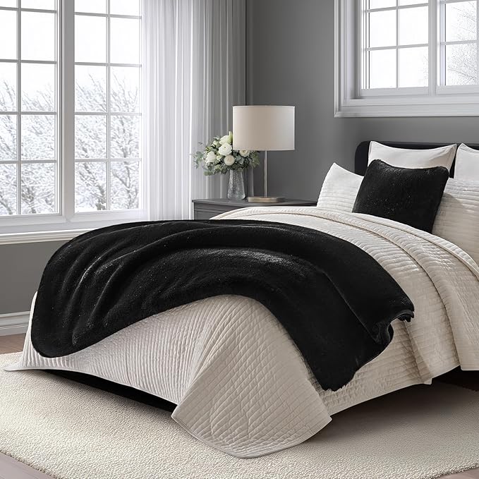 EVERGRACEHOME Luxury Soft Faux Chinchilla Fur Throw Blanket for Couch, Warm Thick Heavy Winter Throw Blanket 1220GSM for Bed, Fluffy Cozy Mink Blanket with Reversible Velvet, Black Noir Mink, 50"x60"