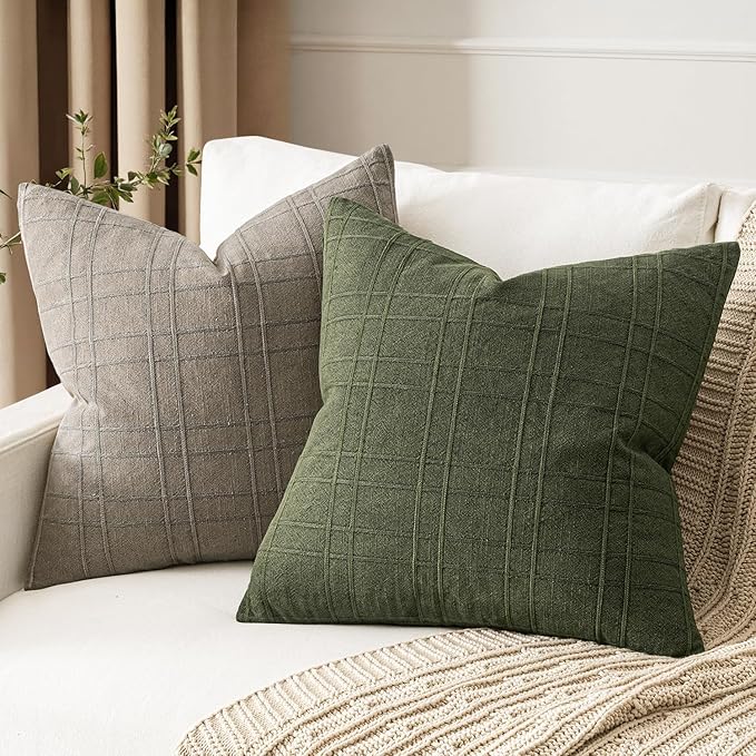 MIULEE Decorative Linen Check Euro Shams Throw Pillow Covers Neutral Farmhouse Vintage Spring Pillow Covers 24x24 Set of 2 Boho Modern Home Decor for Sofa Couch Bedroom Cushion Dark Olive Green