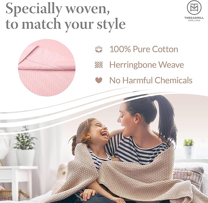 Threadmill Luxury Cotton Blankets for Twin Size Bed | All-Season 100% Cotton Twin Blanket for Bed | Herringbone Soft & Cozy Fall Thermal Blanket, 350GSM, 68x92 inches | English Rose