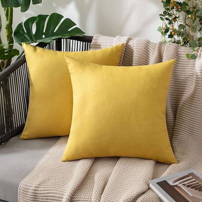 MIULEE Pack of 2 Decorative Outdoor Solid Waterproof Throw Pillow Covers Faux Linen Garden Farmhouse Cushion Cases for Summer Patio Tent Balcony Couch Sofa 16x16 Inch Yellow