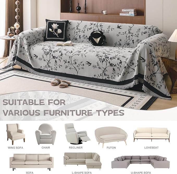 HANDONTIME Couch Cover for Dogs Washable Bird Floral Pattern Slipcovers for Couches and Sofas Grey Sofa Covers with Black Jacquard Flower Chenille Couch Cover Blanket Pet Friendly, 71" X 134"