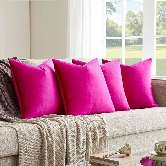 GIGIZAZA Set of 4 Hot Pink Throw Pillow Covers 18x18 Soft Velvet Pillow Covers Modren Decorative Pillows Covers Couch Sofa Living Room Pillowcase