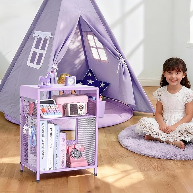 Kids Nightstand, 3-Tier Metal Side Table with Adjustable Storage Shelf, Basket & 3 S-Hooks, Small Bedside Table for Nursery, Toddler Bedroom and Small Spaces (Purple)