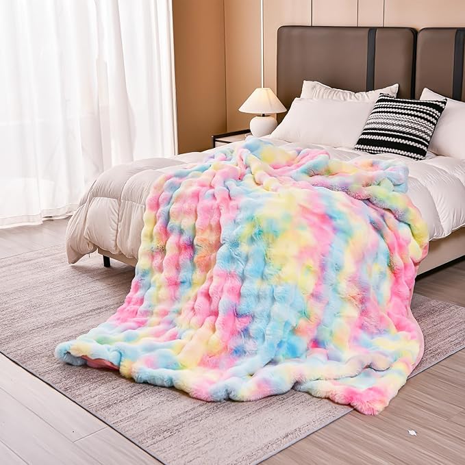 H&D Faux Fur Throw Blanket for Couch,Fluffy Cozy Soft Plush Luxury Thick Fuzzy Fleece Blanket for Couch Bed Sofa Bedroom Living Room,Comfy Bubble Blanket