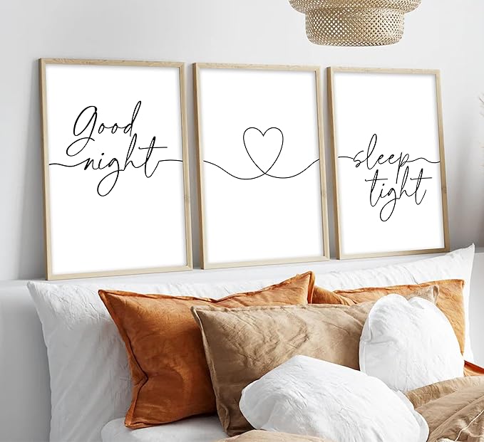 3Pcs Minimalist Style Wall Art Bedtime Quotes Painting Picture Wall Decor Good Night Sleep Well Black Line Art Heart Shape and Phrase Poster Print Artwork for Living Room Bedroom Home Decoratio