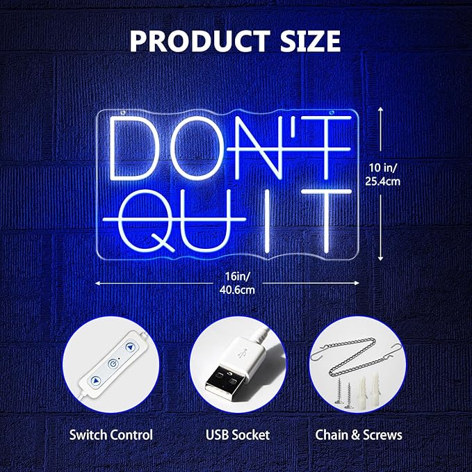 Dimmable Don't Quit Neon Sign for Wall Decor, USB LED Light for Home Gym Bedroom Man Cave Office, DO IT Inspirational Gamer Room Decorations