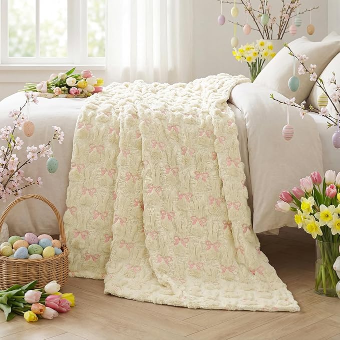 Horaldaily Easter Solid Blanket Throw, Beige Rabbits Bow Soft Fuzzy Plush Faux Fur Cozy Blankets for Couch Sofa Bed Lounging, Ideal Gifts for Kids Adults Wife Self, 60x80