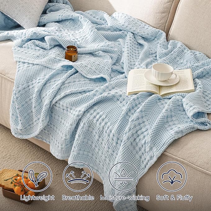 PHF 100% Cotton Waffle Weave Blanket Twin Size for Bed, Soft Lightweight & Breathable for Spring and Summer, All-Season Comfort, Luxury Aesthetic Blanket for Home Decor, 66"x90", Sky Blue