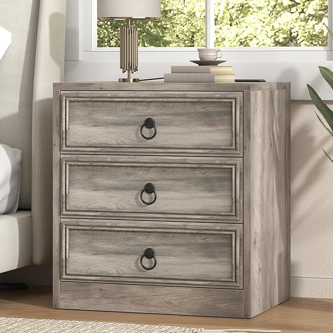 Farmhouse Nightstand with Charging Station, 21.7" Wide End Table with 3 Drawers, Grey Wood Side Table, Bedside Table for Bedroom, Living Room, Sofa