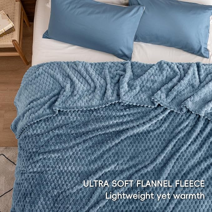 PHF Ultra Soft Flannel Fleece Blanket King Size, Lightweight 3D Jacquard Fleece Blanket, No Shedding, No Pilling, Luxury 340GSM Aesthetic Fluffy Cozy for Bed Room Decor, 108"x90", Denim Blue
