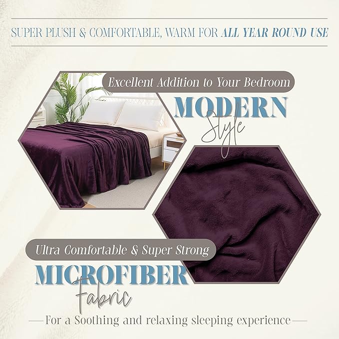 Elegant Comfort Luxury Velvety Feel Blanket, All-Season Lightweight Blanket, Ultra Plush, Soft, Cozy-Fuzzy Flannel Fleece for Couch, Sofa, Bed, Travel, Solid Design, Full/Queen, Purple