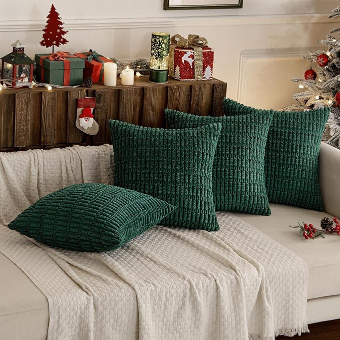 MIULEE Pack of 4 Christmas Dark Green Corduroy Decorative Throw Pillow Covers 20x20 Inch Soft Boho Striped Pillow Covers Modern Farmhouse Home Decor for Sofa Living Room Couch Bed
